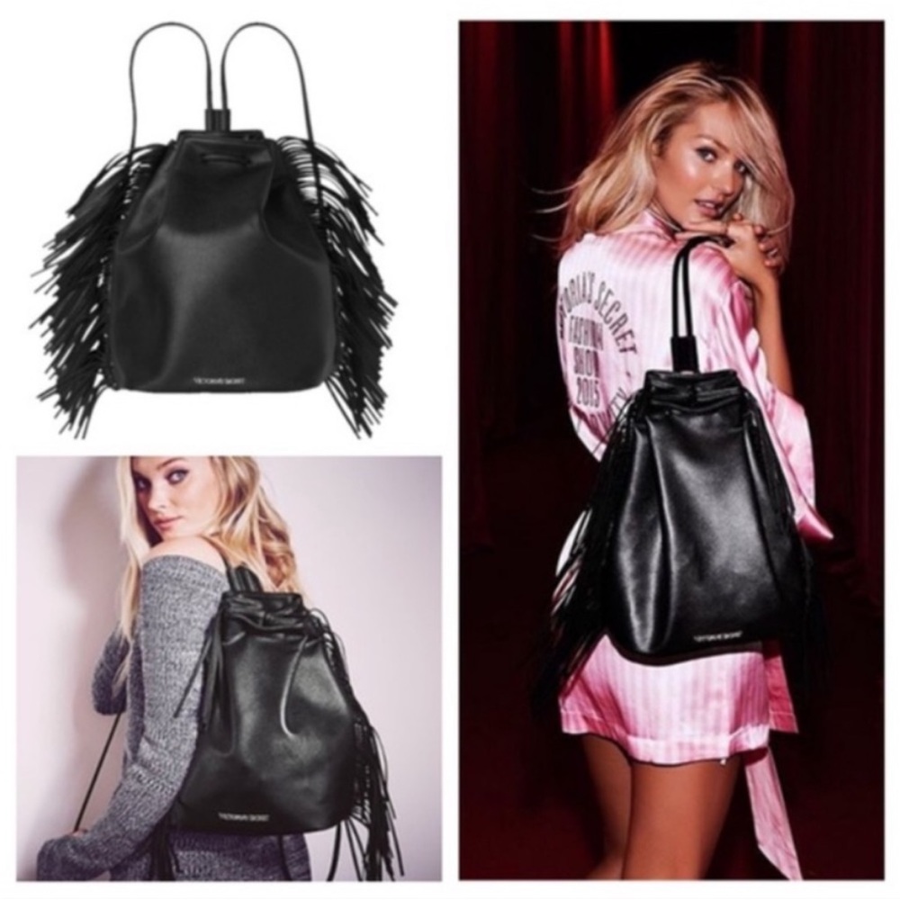 Victoria secret black fringe bucket backpack - Picture 3 of 16